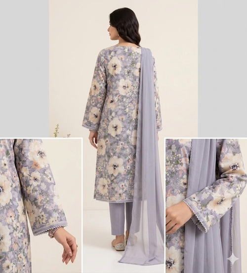 Premium Floral Lavender Punjabi Suit – 3 Piece Straight Kurti, Pants & Dupatta Set