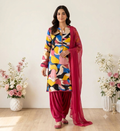 Multicolor Abstract Print Premium Punjabi Suit with Patiala Salwar & Chiffon Dupatta