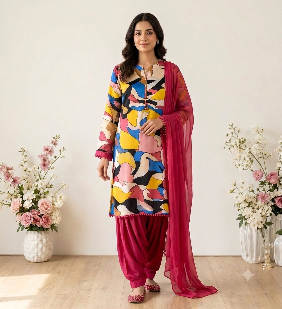 Multicolor Abstract Print Premium Punjabi Suit with Patiala Salwar & Chiffon Dupatta
