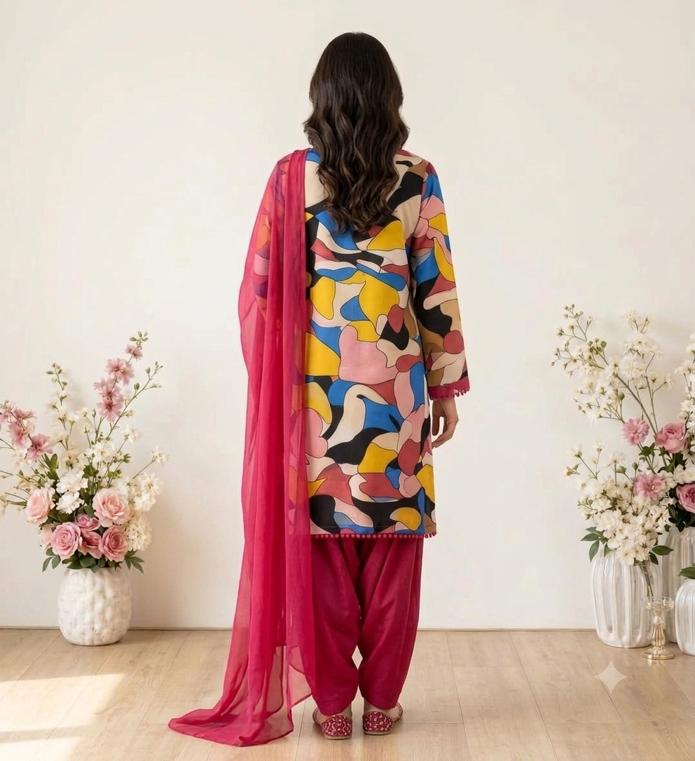 Multicolor Abstract Print Premium Punjabi Suit with Patiala Salwar & Chiffon Dupatta