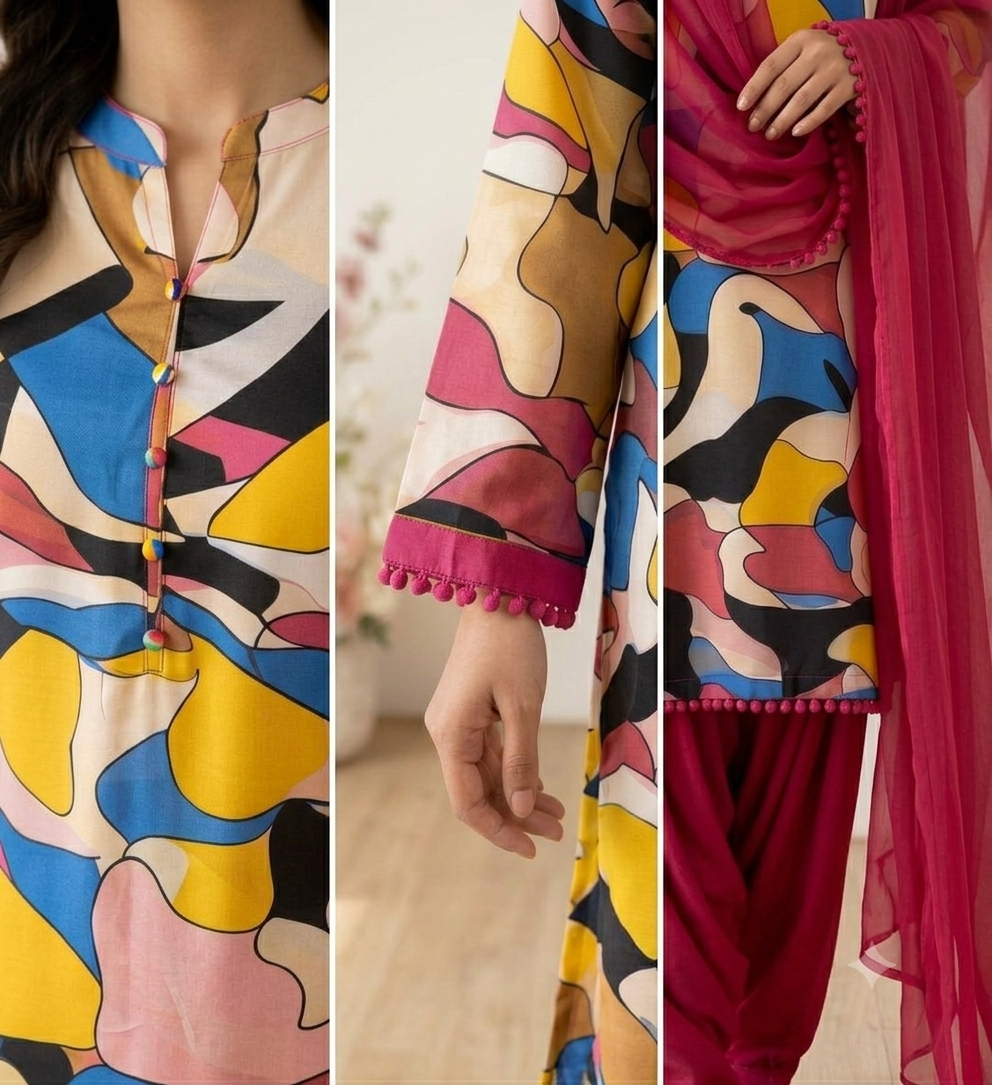 Multicolor Abstract Print Premium Punjabi Suit with Patiala Salwar & Chiffon Dupatta