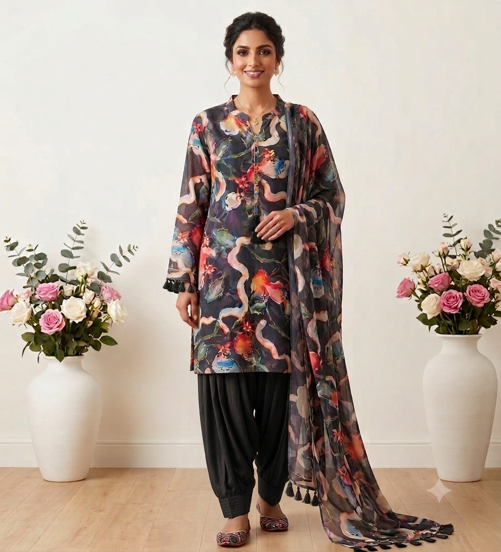 Luxury Black Digital Floral Print Pure Silk Punjabi Suit with Patiala Salwar & Organza Dupatta