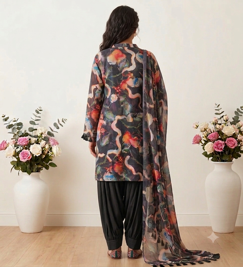 Luxury Black Digital Floral Print Pure Silk Punjabi Suit with Patiala Salwar & Organza Dupatta