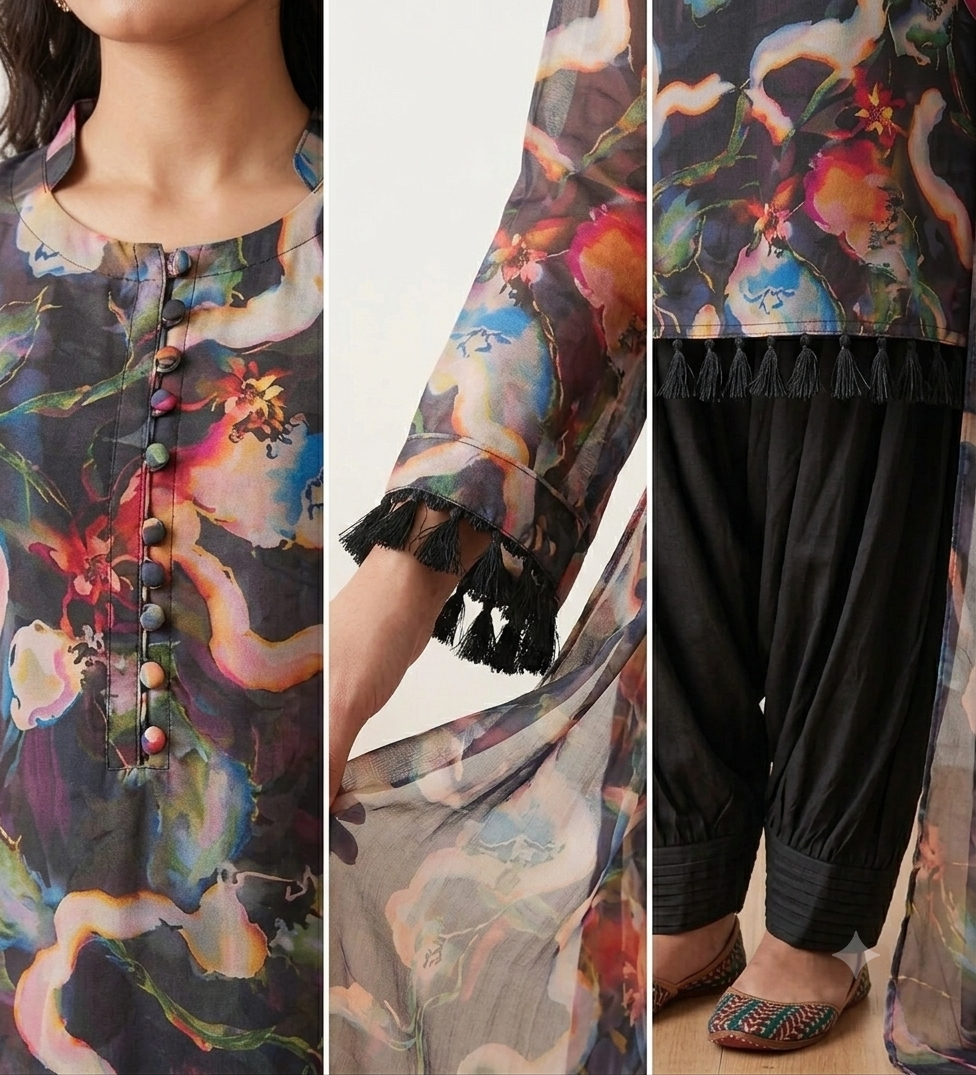 Luxury Black Digital Floral Print Pure Silk Punjabi Suit with Patiala Salwar & Organza Dupatta