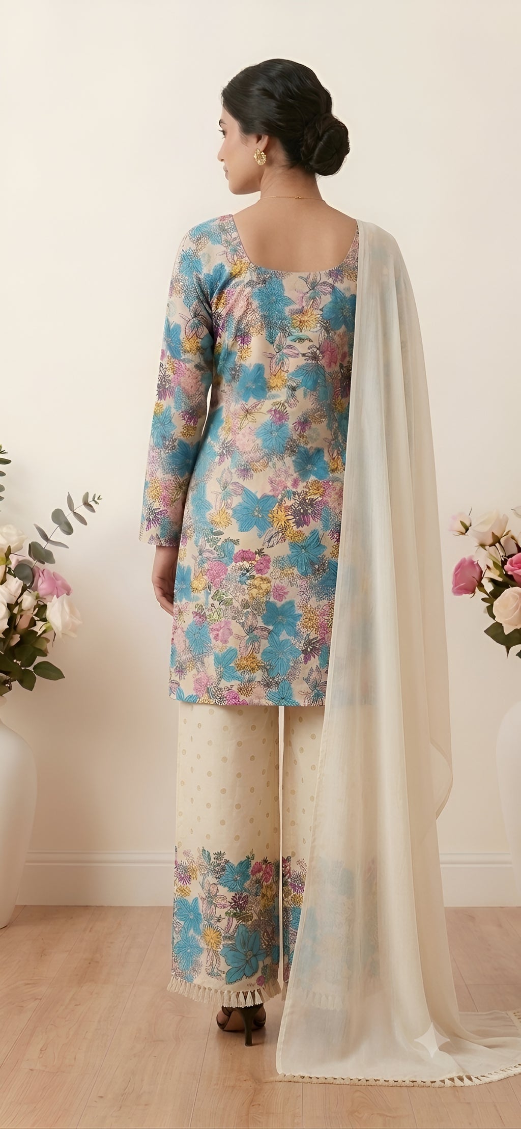 Elegant Floral Print Kurti with Palazzo and Dupatta Set – Multi-Color