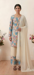 Elegant Floral Print Kurti with Palazzo and Dupatta Set – Multi-Color
