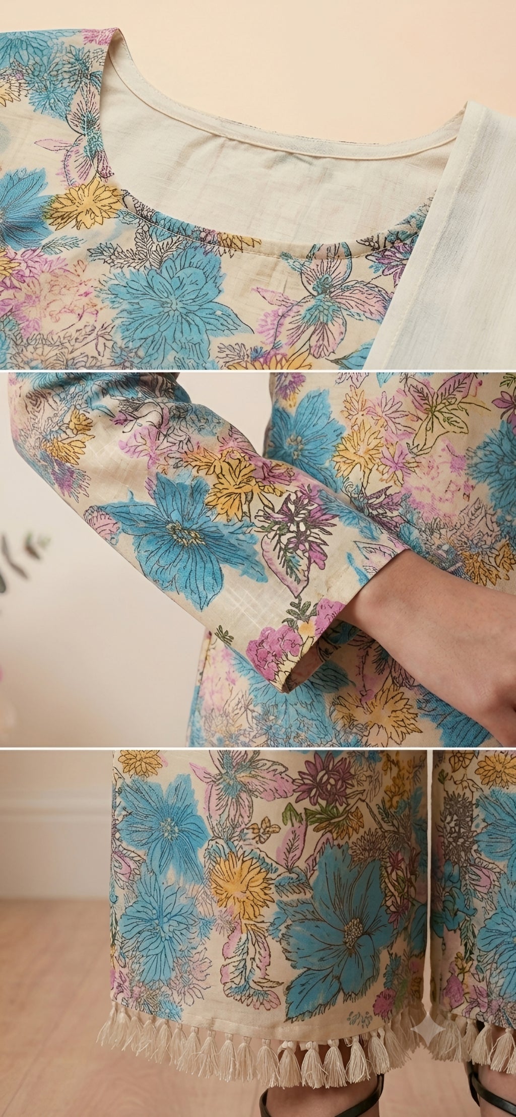 Elegant Floral Print Kurti with Palazzo and Dupatta Set – Multi-Color