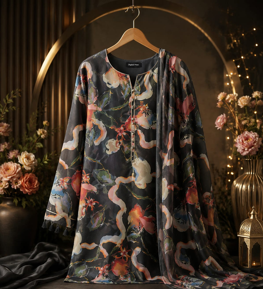 Luxury Black Digital Floral Print Pure Silk Punjabi Suit with Patiala Salwar & Organza Dupatta