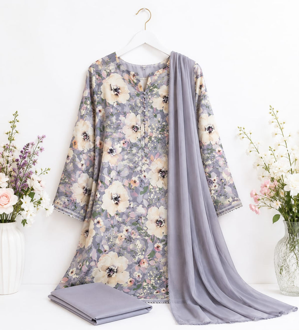 Premium Floral Lavender Punjabi Suit – 3 Piece Straight Kurti, Pants & Dupatta Set