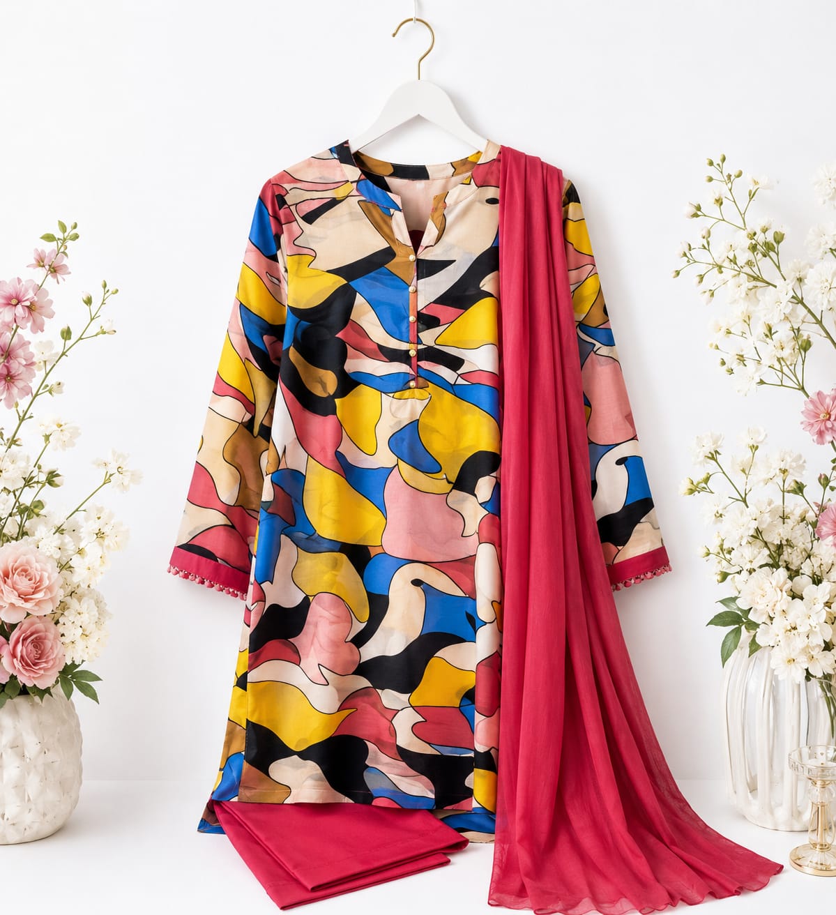 Multicolor Abstract Print Premium Punjabi Suit with Patiala Salwar & Chiffon Dupatta